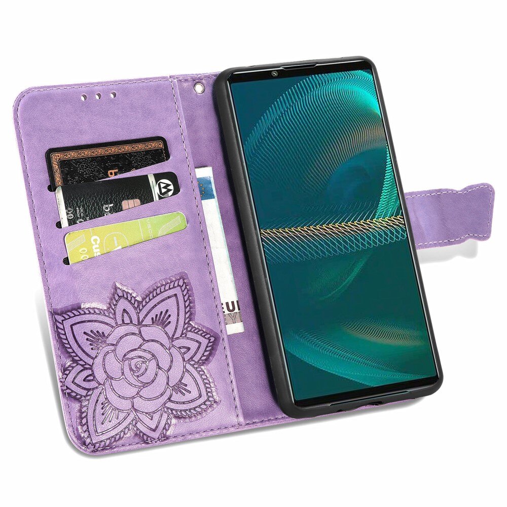 Funda de cuero con mariposas para Sony Xperia 5 III, violeta