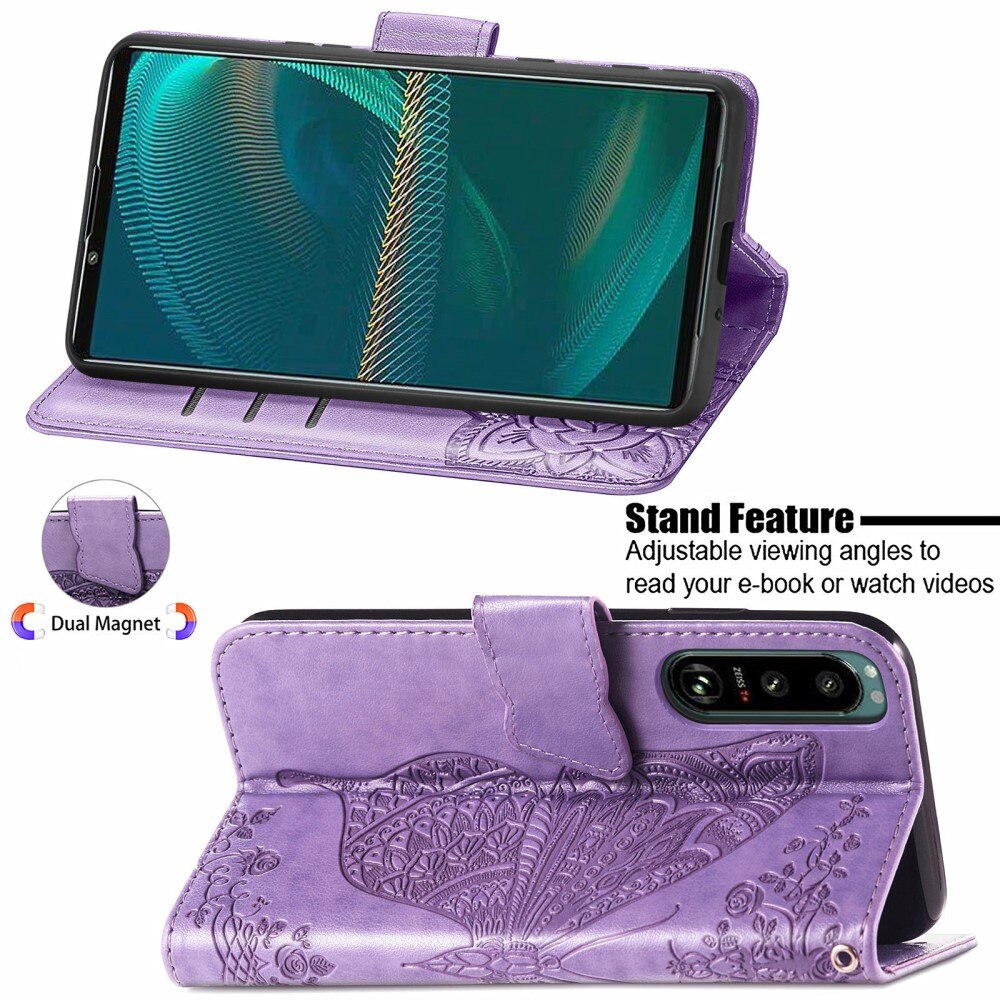 Funda de cuero con mariposas para Sony Xperia 5 III, violeta