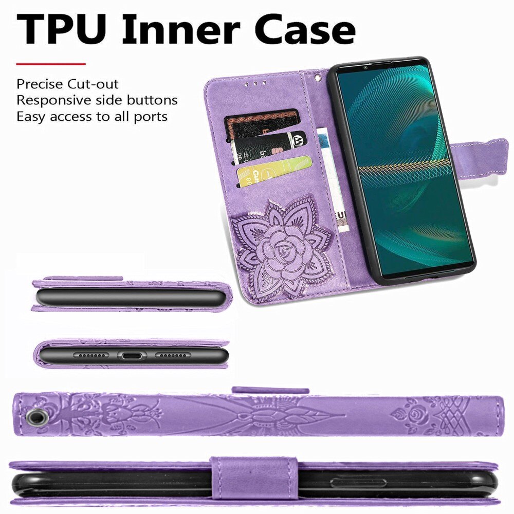 Funda de cuero con mariposas para Sony Xperia 5 III, violeta