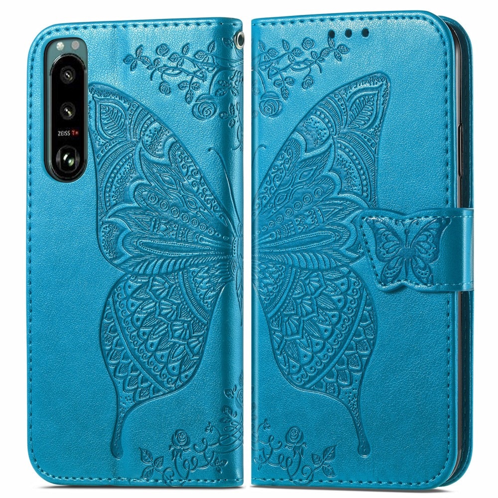 Funda de cuero con mariposas para Sony Xperia 5 III, azul