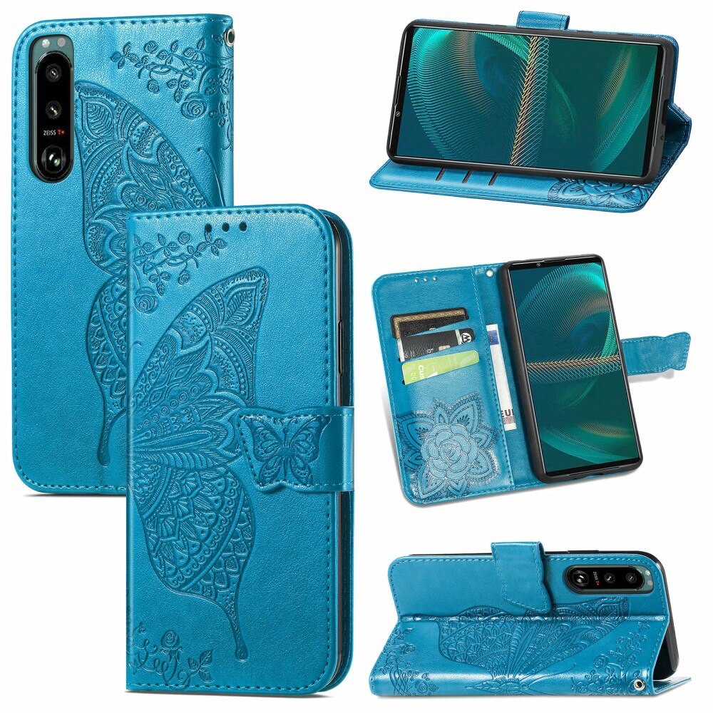 Funda de cuero con mariposas para Sony Xperia 5 III, azul