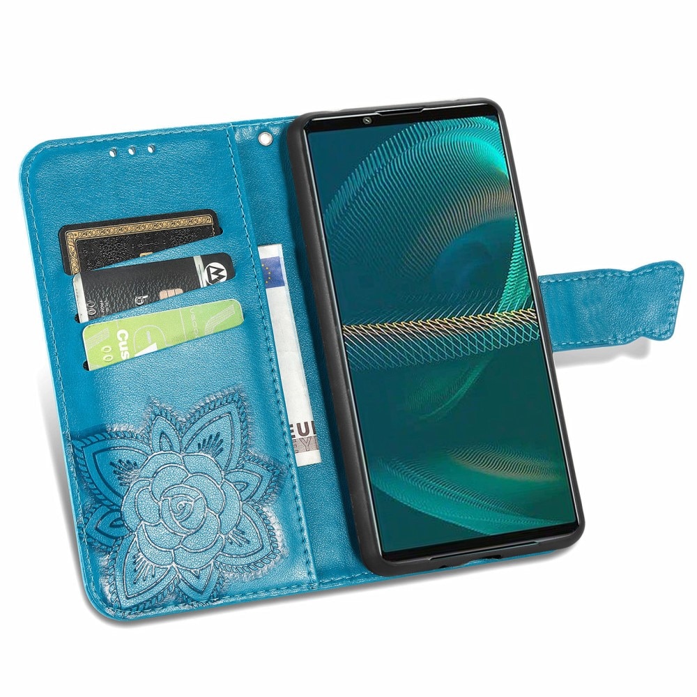 Funda de cuero con mariposas para Sony Xperia 5 III, azul