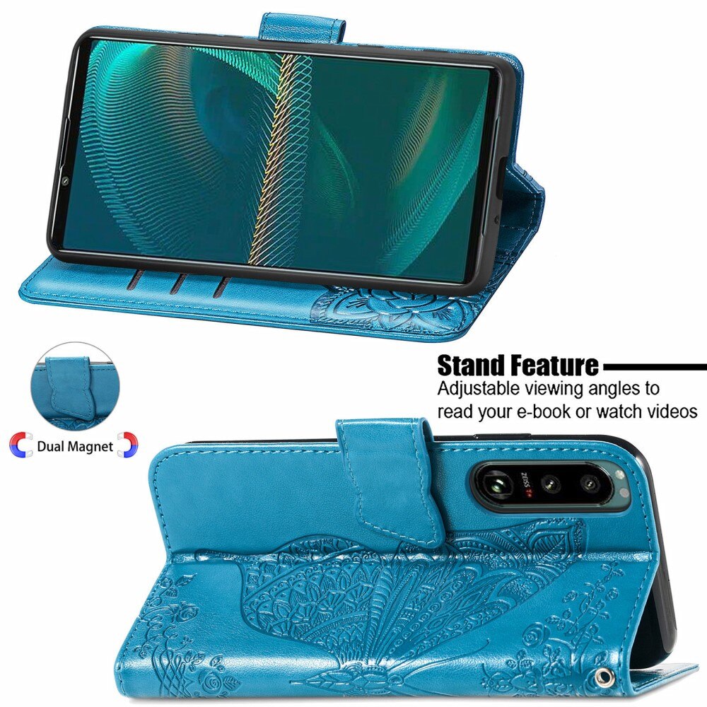 Funda de cuero con mariposas para Sony Xperia 5 III, azul