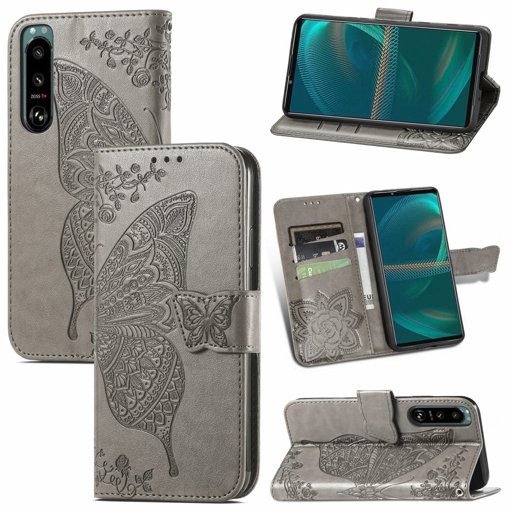 Funda de cuero con mariposas para Sony Xperia 5 III, gris