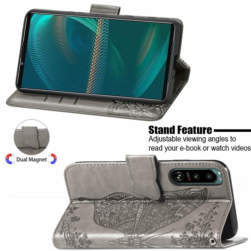 Funda de Cuero con Mariposas Sony Xperia 5 III, Gris