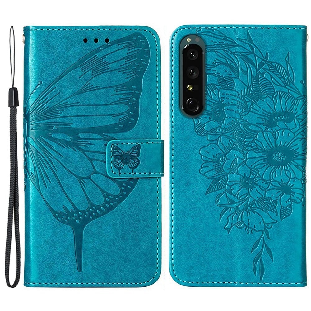 Funda de cuero con mariposas para Sony Xperia 1 IV, azul