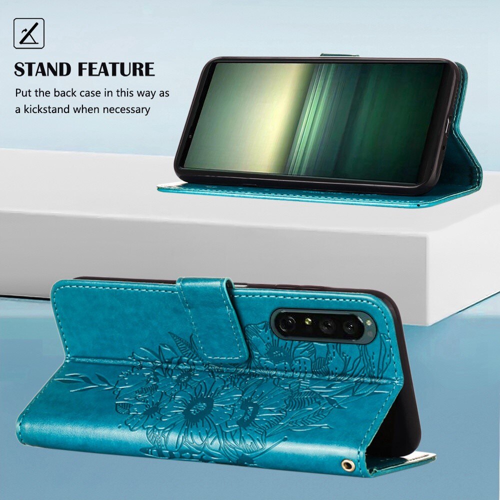 Funda de Cuero con Mariposas Sony Xperia 1 IV, Azul