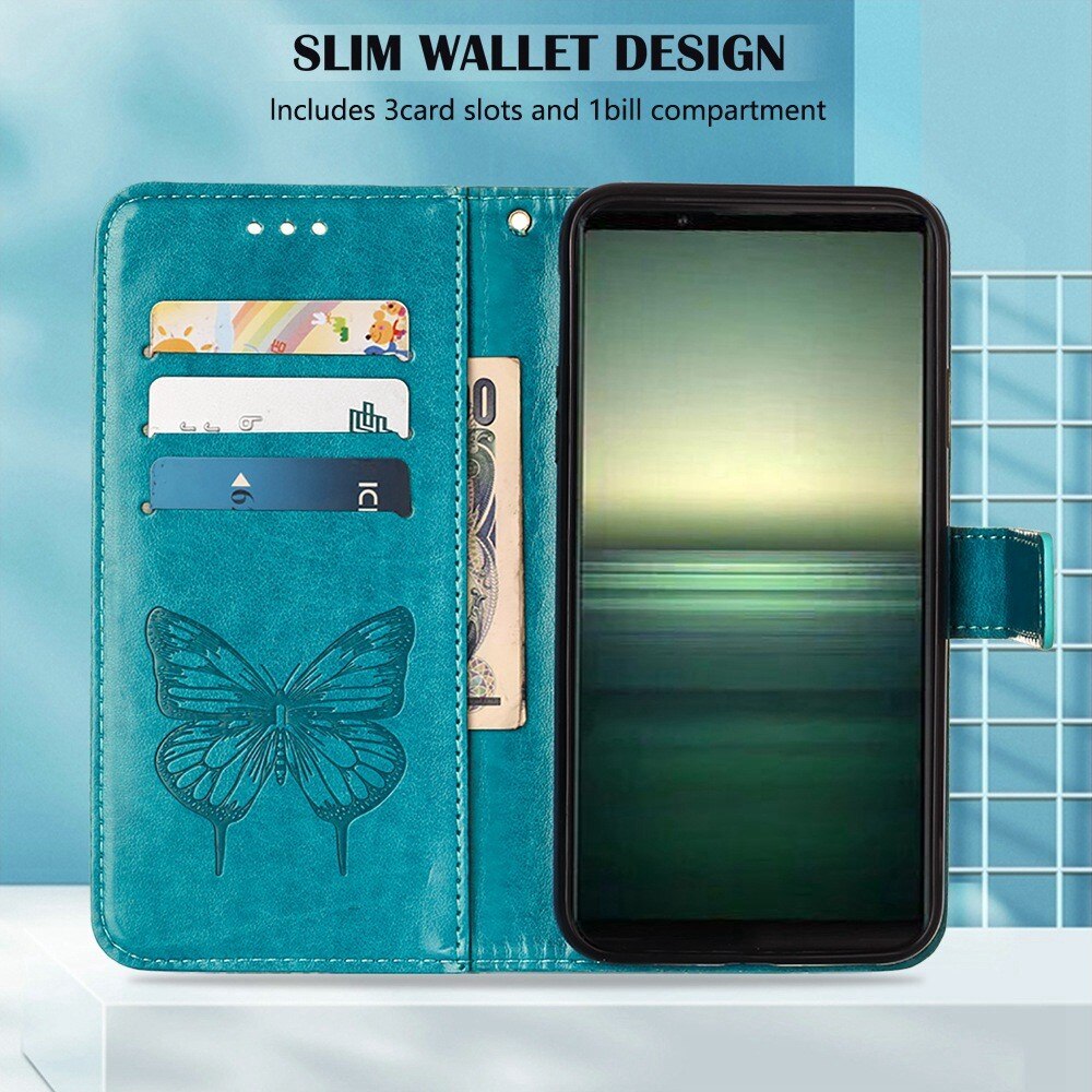 Funda de cuero con mariposas para Sony Xperia 1 IV, azul