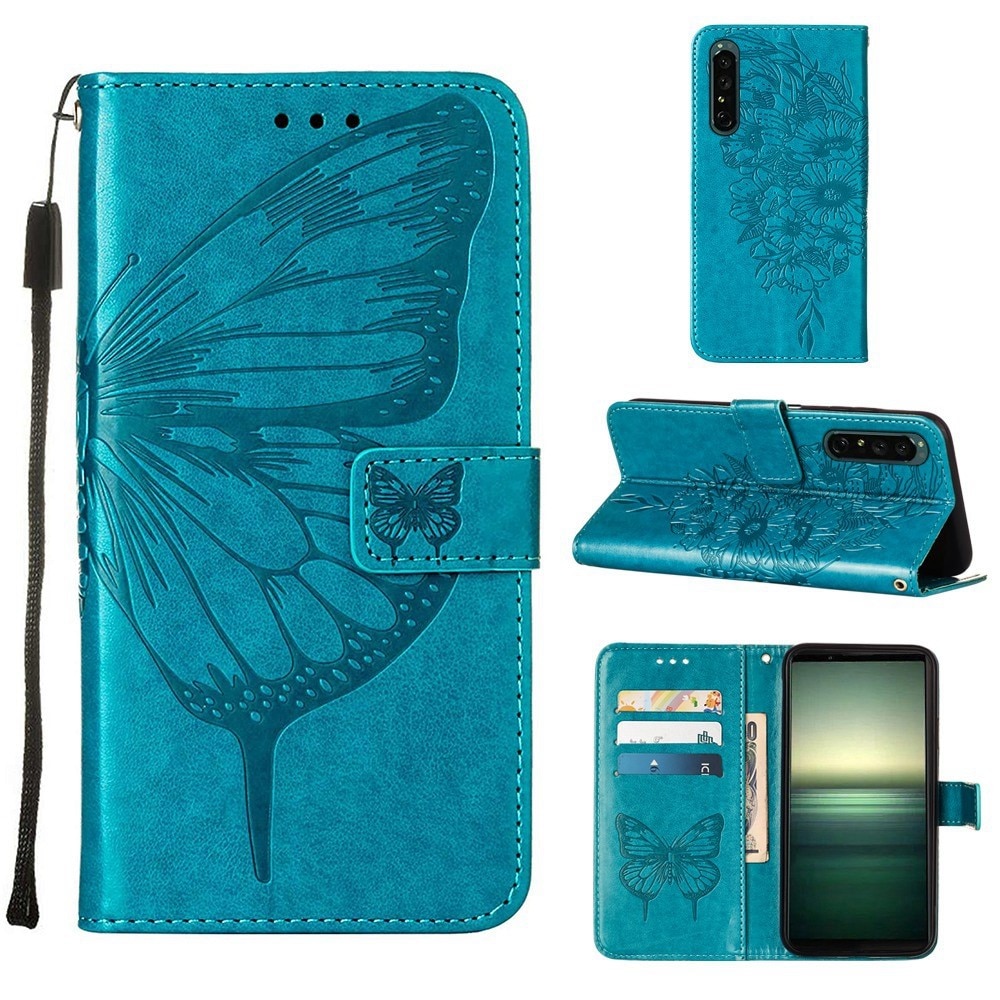 Funda de cuero con mariposas para Sony Xperia 1 IV, azul
