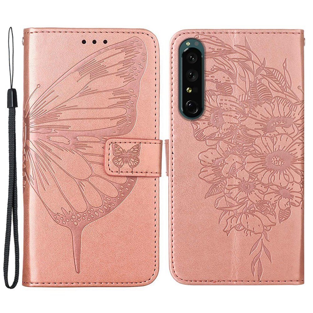 Funda de Cuero con Mariposas Sony Xperia 1 IV, Oro rosa