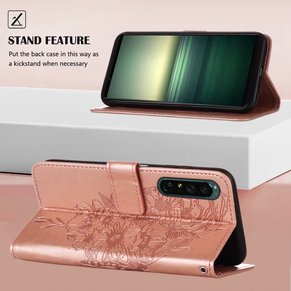 Funda de Cuero con Mariposas Sony Xperia 1 IV, Oro rosa