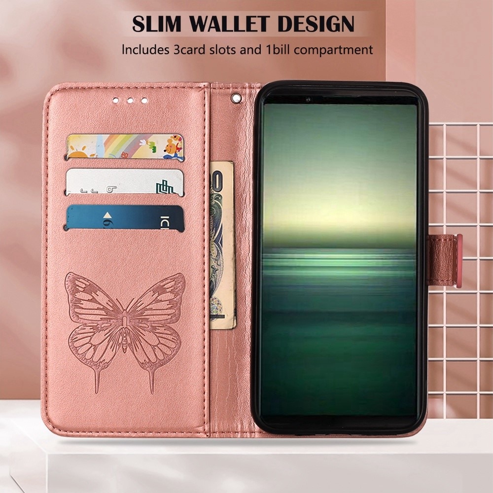 Funda de Cuero con Mariposas Sony Xperia 1 IV, Oro rosa