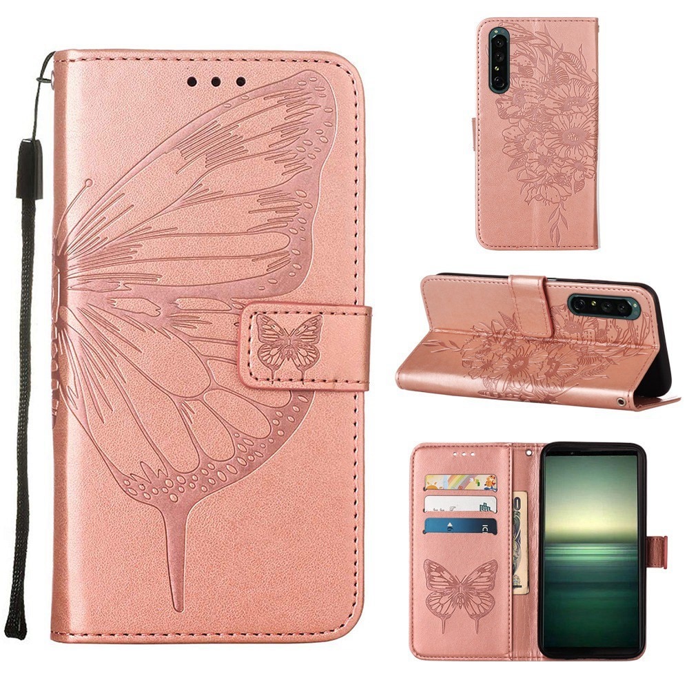 Funda de cuero con mariposas para Sony Xperia 1 IV, rosado