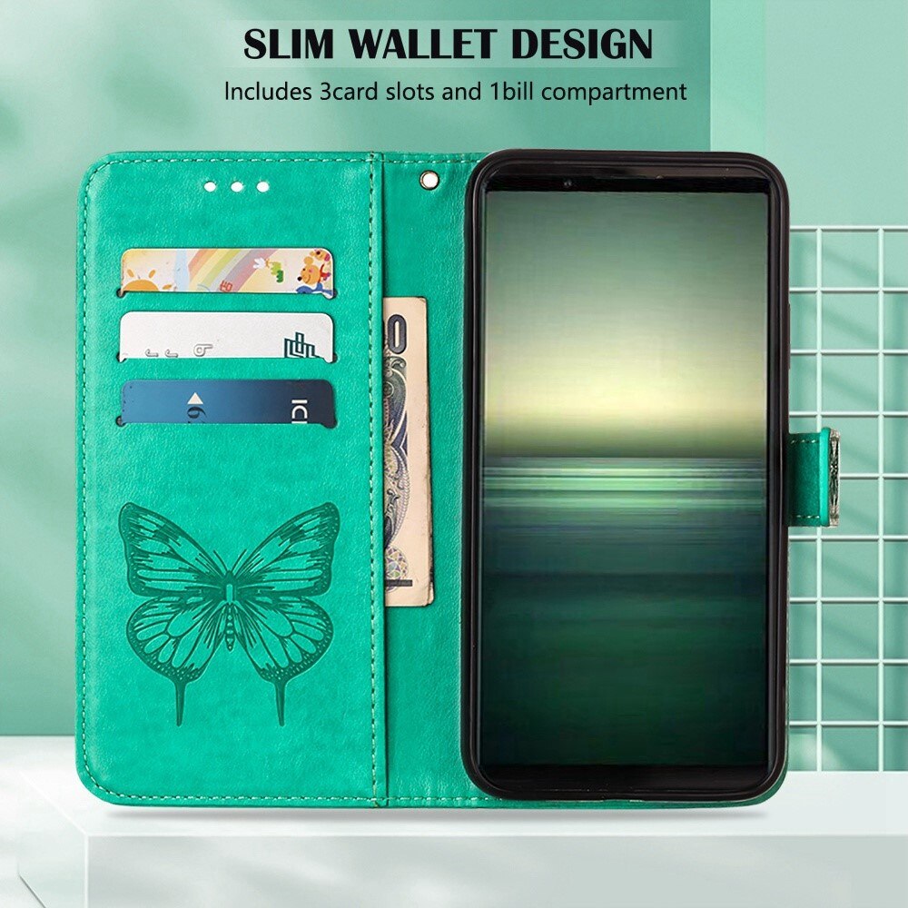 Funda de cuero con mariposas para Sony Xperia 1 IV, verde