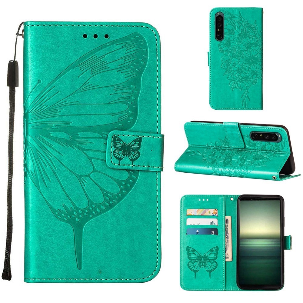 Funda de cuero con mariposas para Sony Xperia 1 IV, verde
