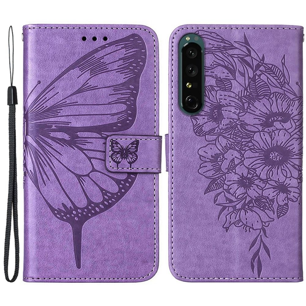 Funda de cuero con mariposas para Sony Xperia 1 IV, violeta