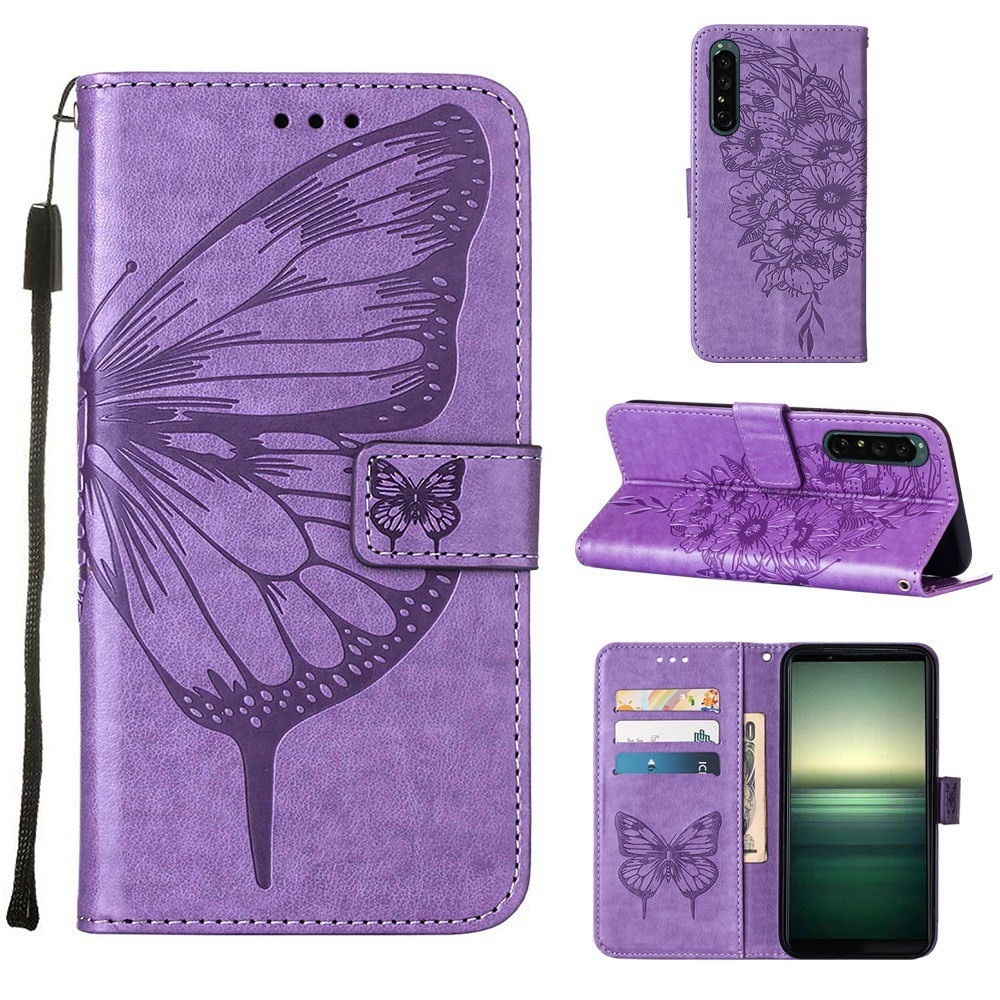 Funda de cuero con mariposas para Sony Xperia 1 IV, violeta