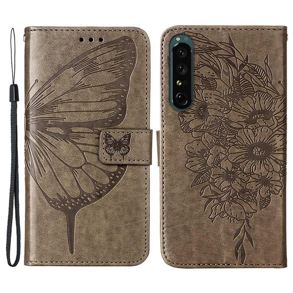 Funda de Cuero con Mariposas Sony Xperia 1 IV, Gris