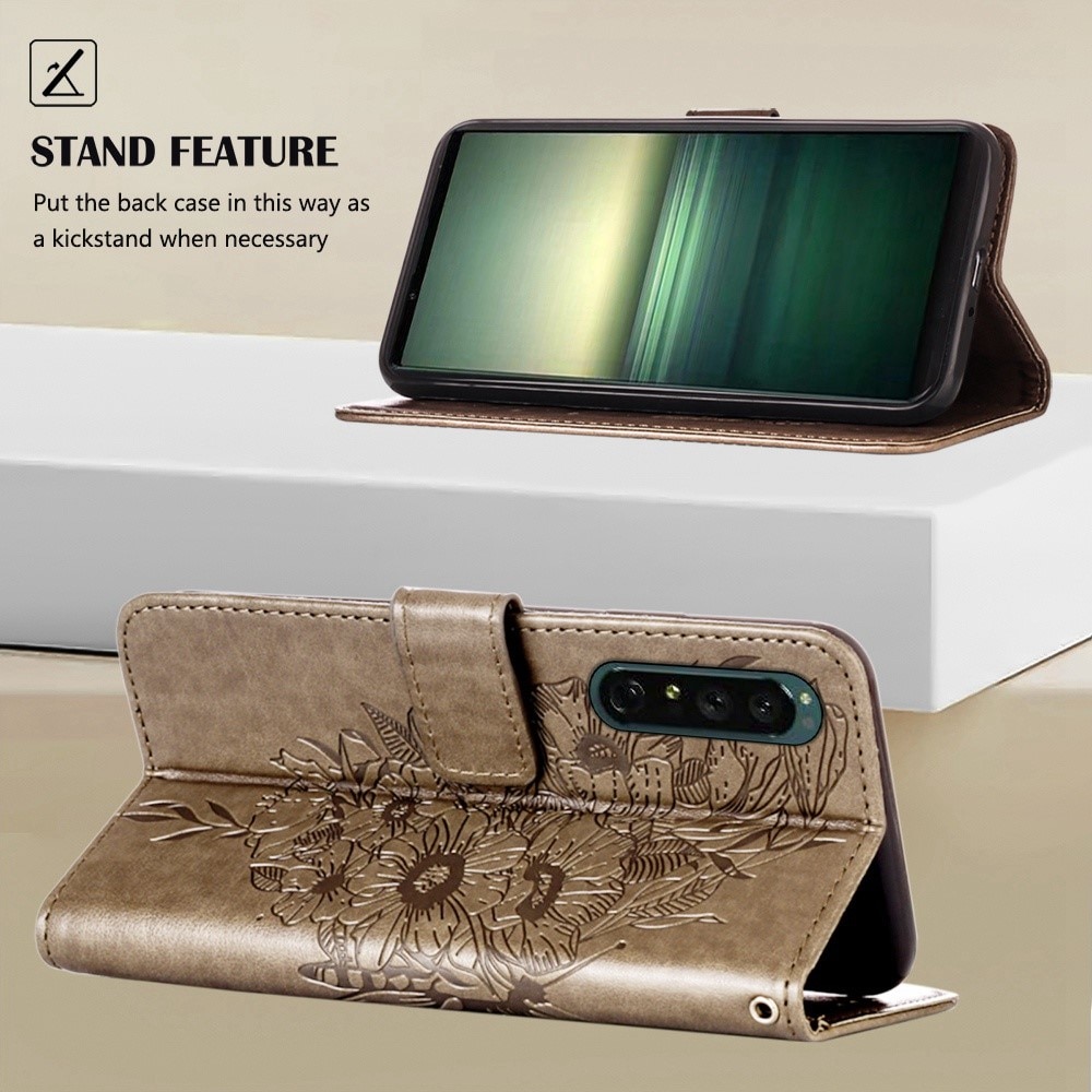 Funda de Cuero con Mariposas Sony Xperia 1 IV, Gris
