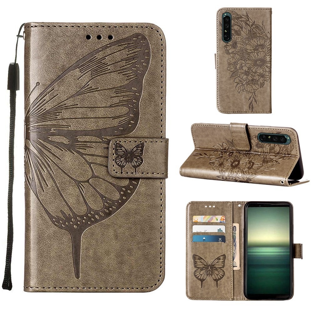 Funda de Cuero con Mariposas Sony Xperia 1 IV, Gris