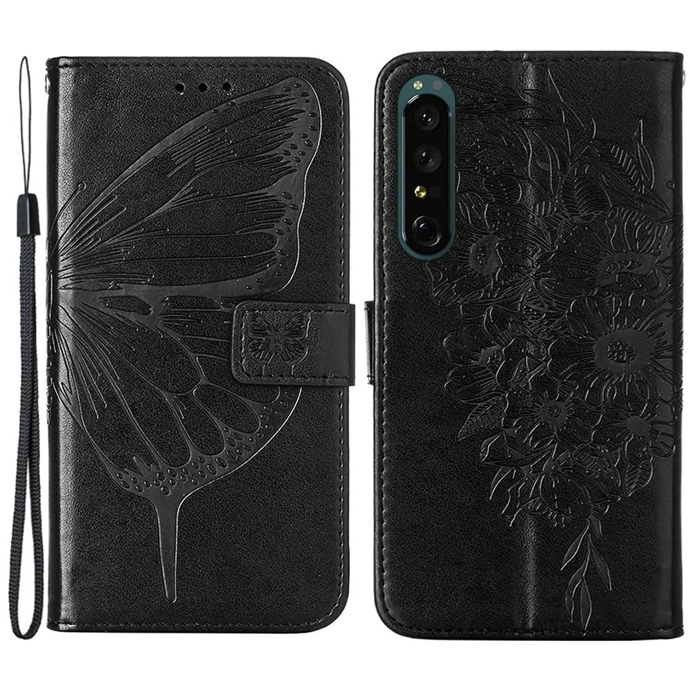 Funda de cuero con mariposas para Sony Xperia 1 IV, negro