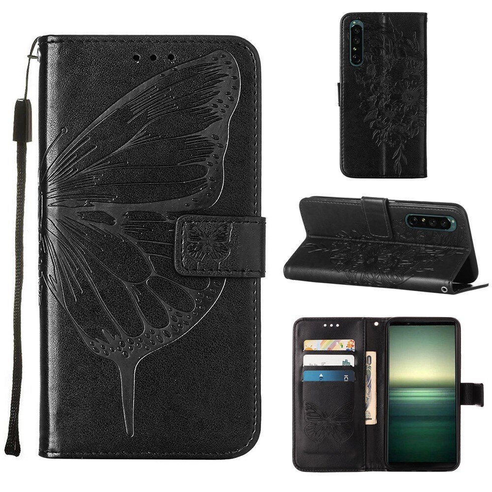 Funda de Cuero con Mariposas Sony Xperia 1 IV, Negro
