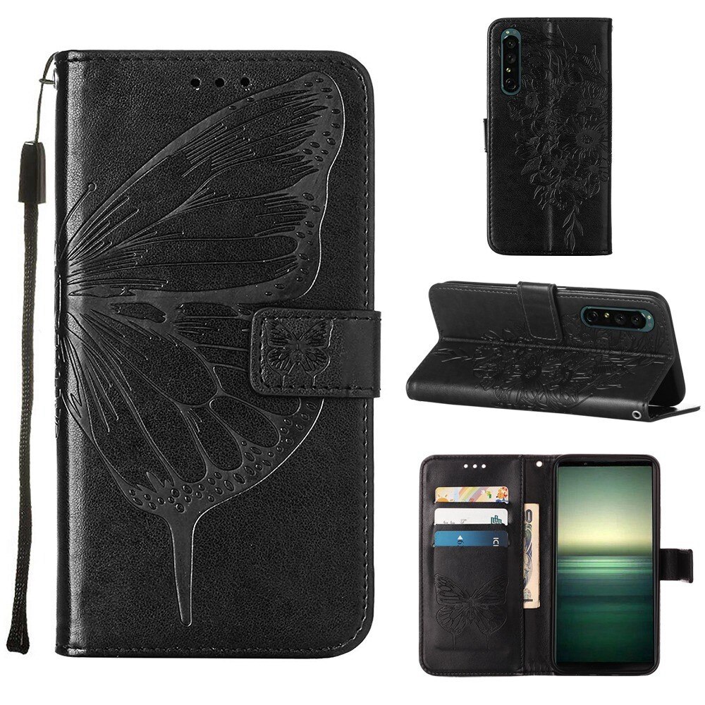 Funda de cuero con mariposas para Sony Xperia 1 IV, negro