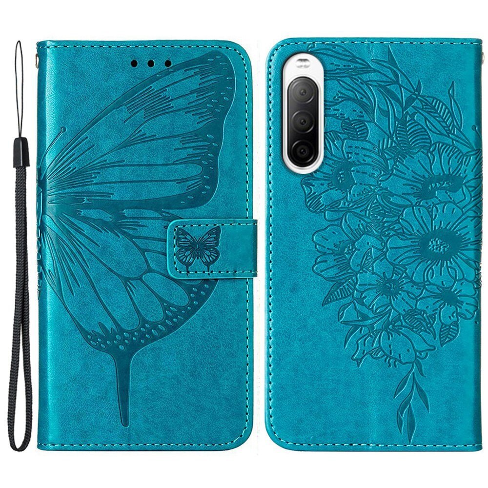 Funda de cuero con mariposas para Sony Xperia 10 IV, azul