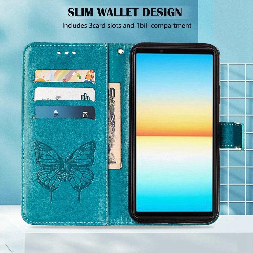 Funda de cuero con mariposas para Sony Xperia 10 IV, azul