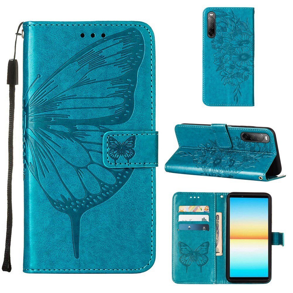 Funda de cuero con mariposas para Sony Xperia 10 IV, azul