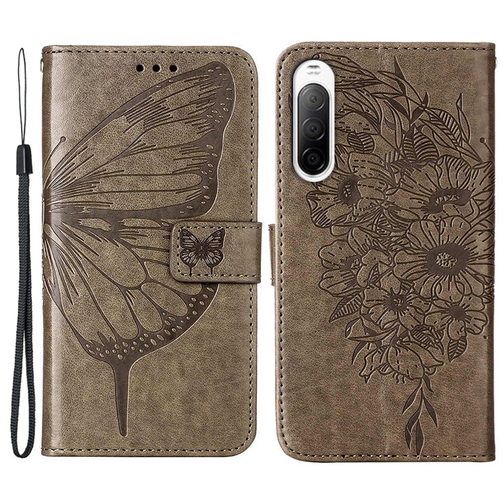 Funda de cuero con mariposas para Sony Xperia 10 IV, gris