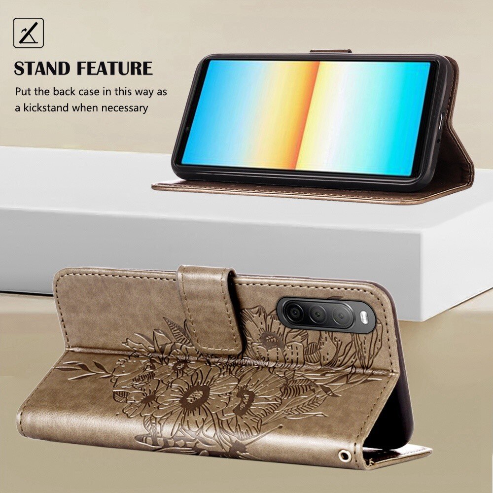 Funda de Cuero con Mariposas Sony Xperia 10 IV, Gris