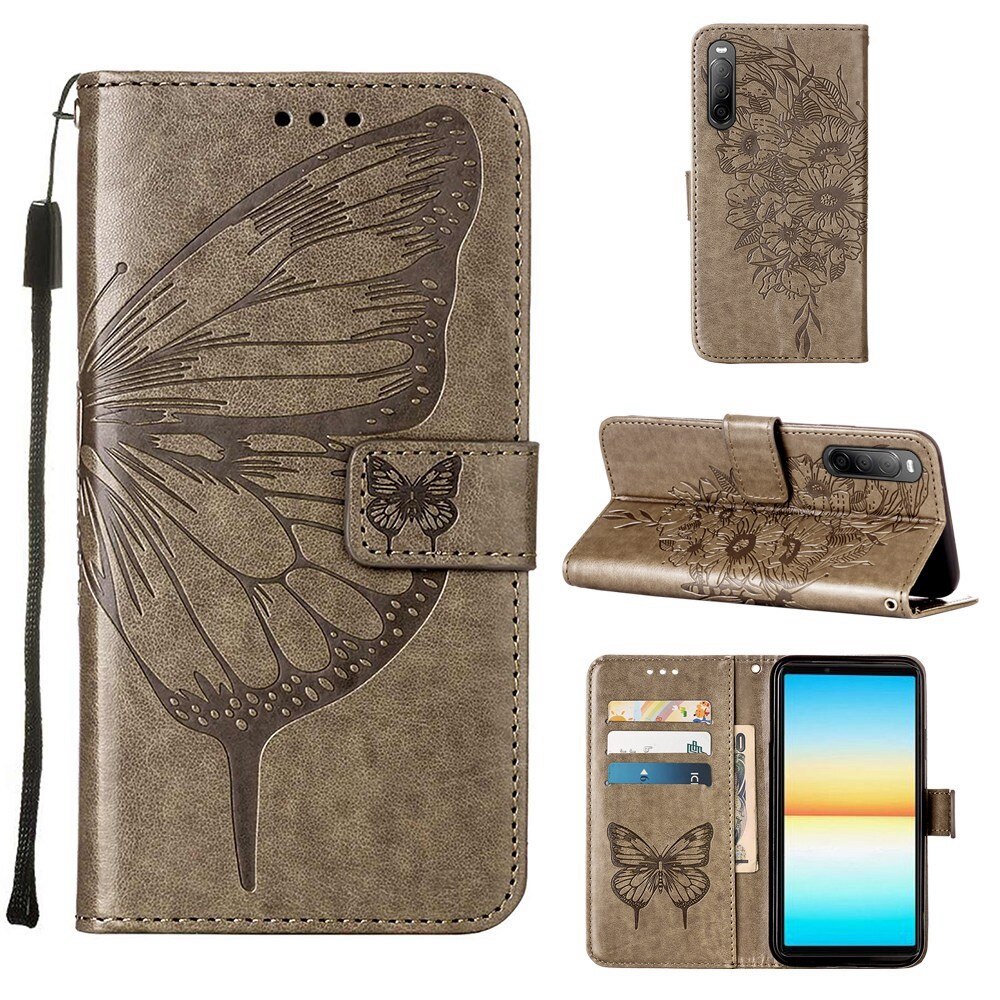 Funda de cuero con mariposas para Sony Xperia 10 IV, gris