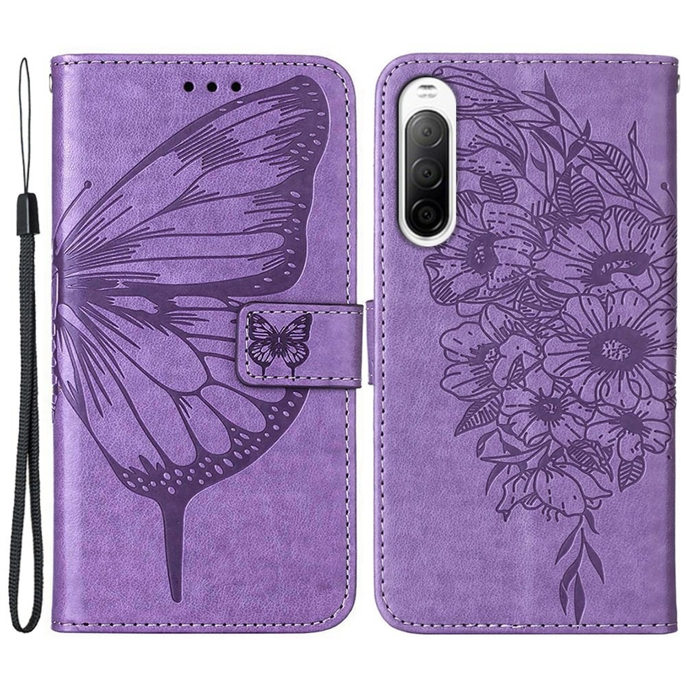 Funda de cuero con mariposas para Sony Xperia 10 IV, violeta