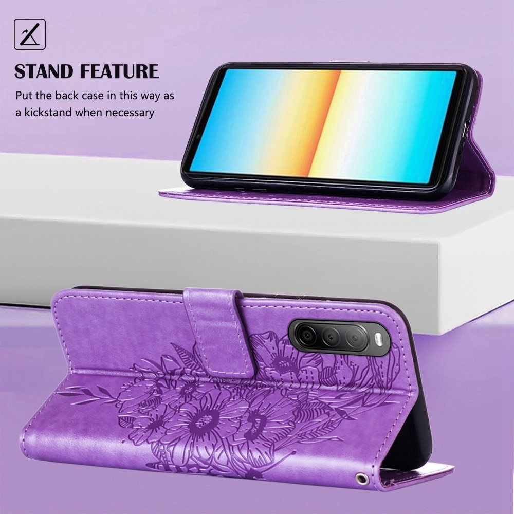 Funda de cuero con mariposas para Sony Xperia 10 IV, violeta