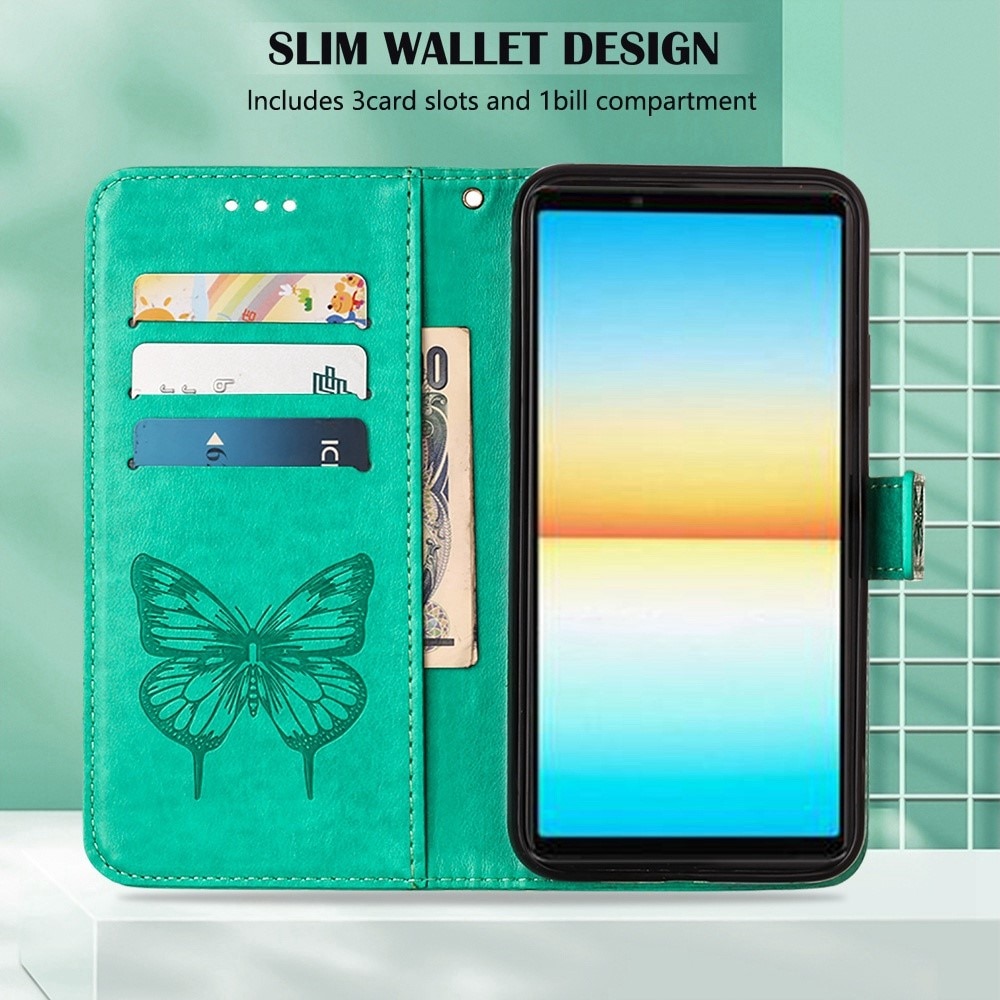 Funda de cuero con mariposas para Sony Xperia 10 IV, verde