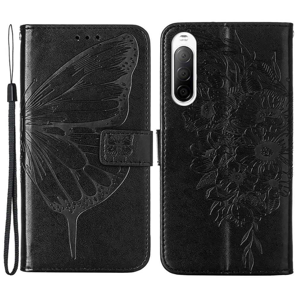 Funda de cuero con mariposas para Sony Xperia 10 IV, negro