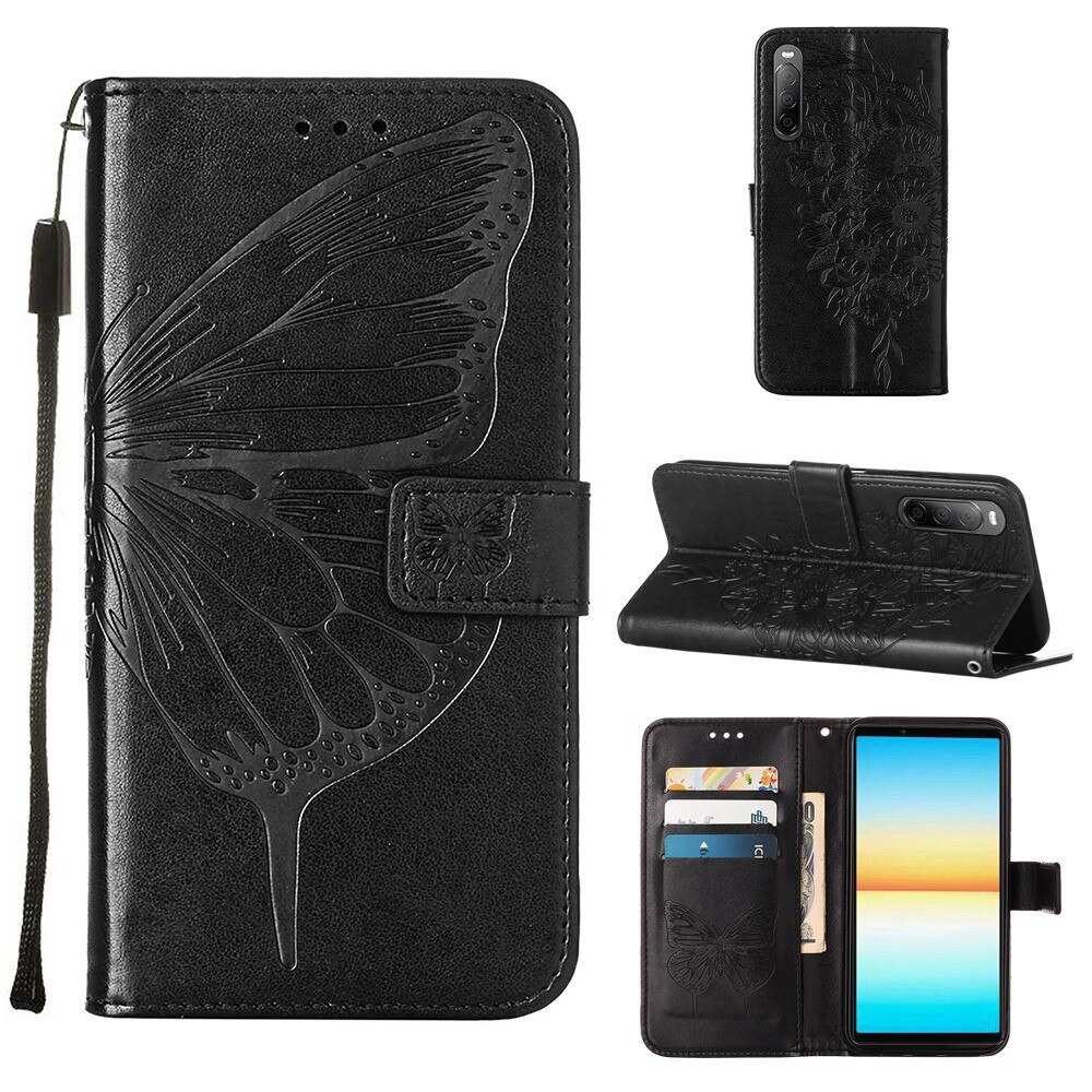 Funda de cuero con mariposas para Sony Xperia 10 IV, negro