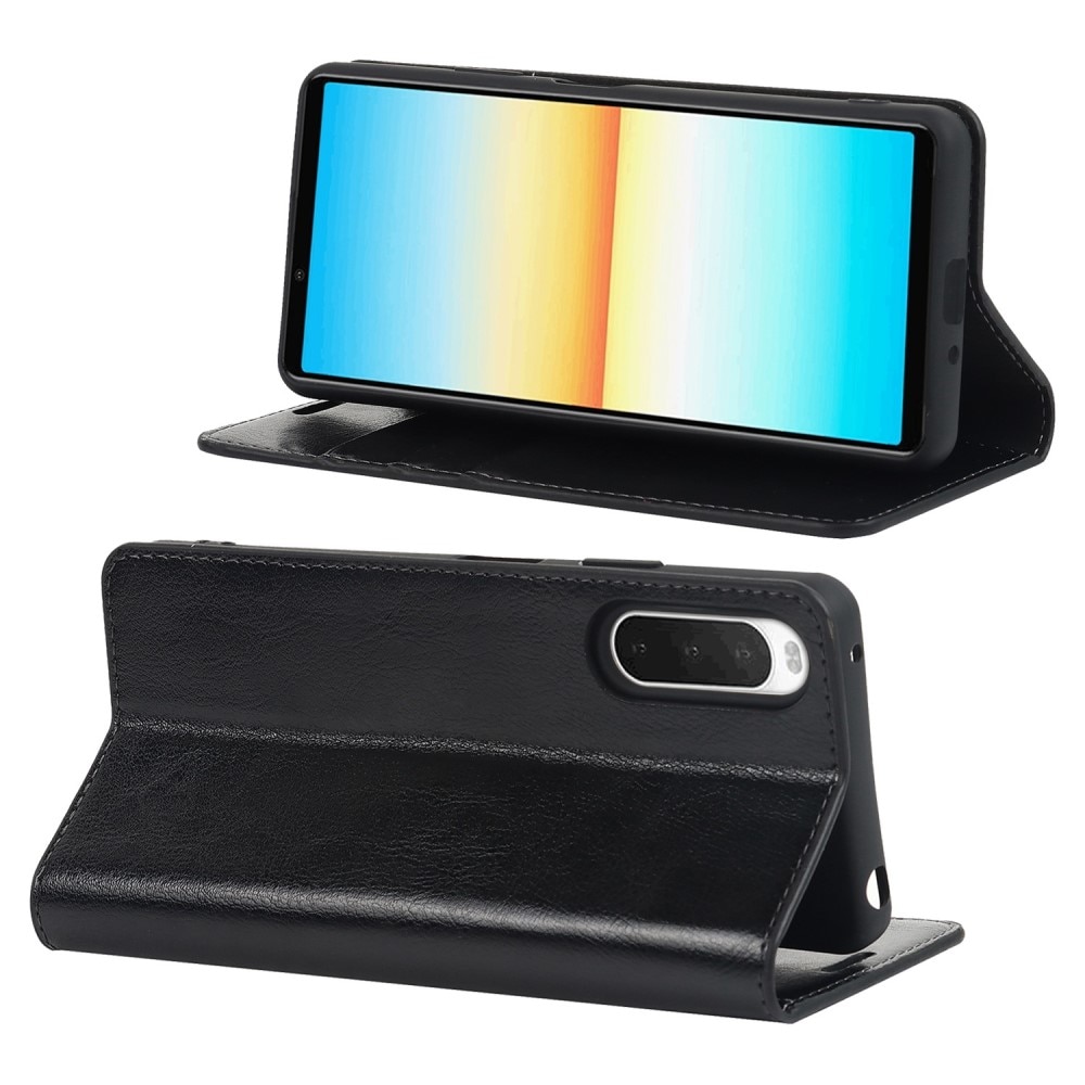 Funda cartera de cuero genuino Sony Xperia 10 IV Negro