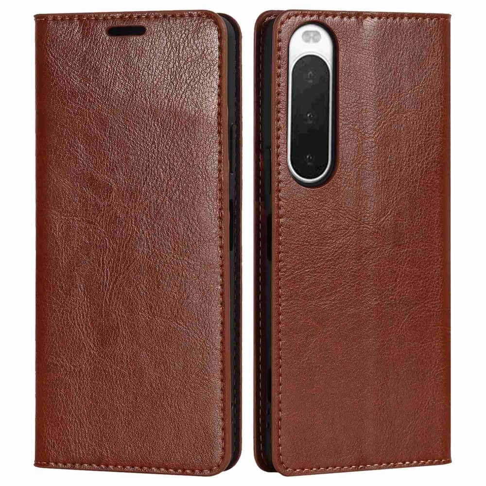 Funda cartera de cuero genuino Sony Xperia 10 IV marrón