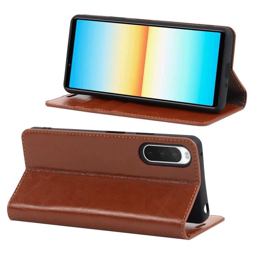 Funda cartera de cuero genuino Sony Xperia 10 IV Marrón