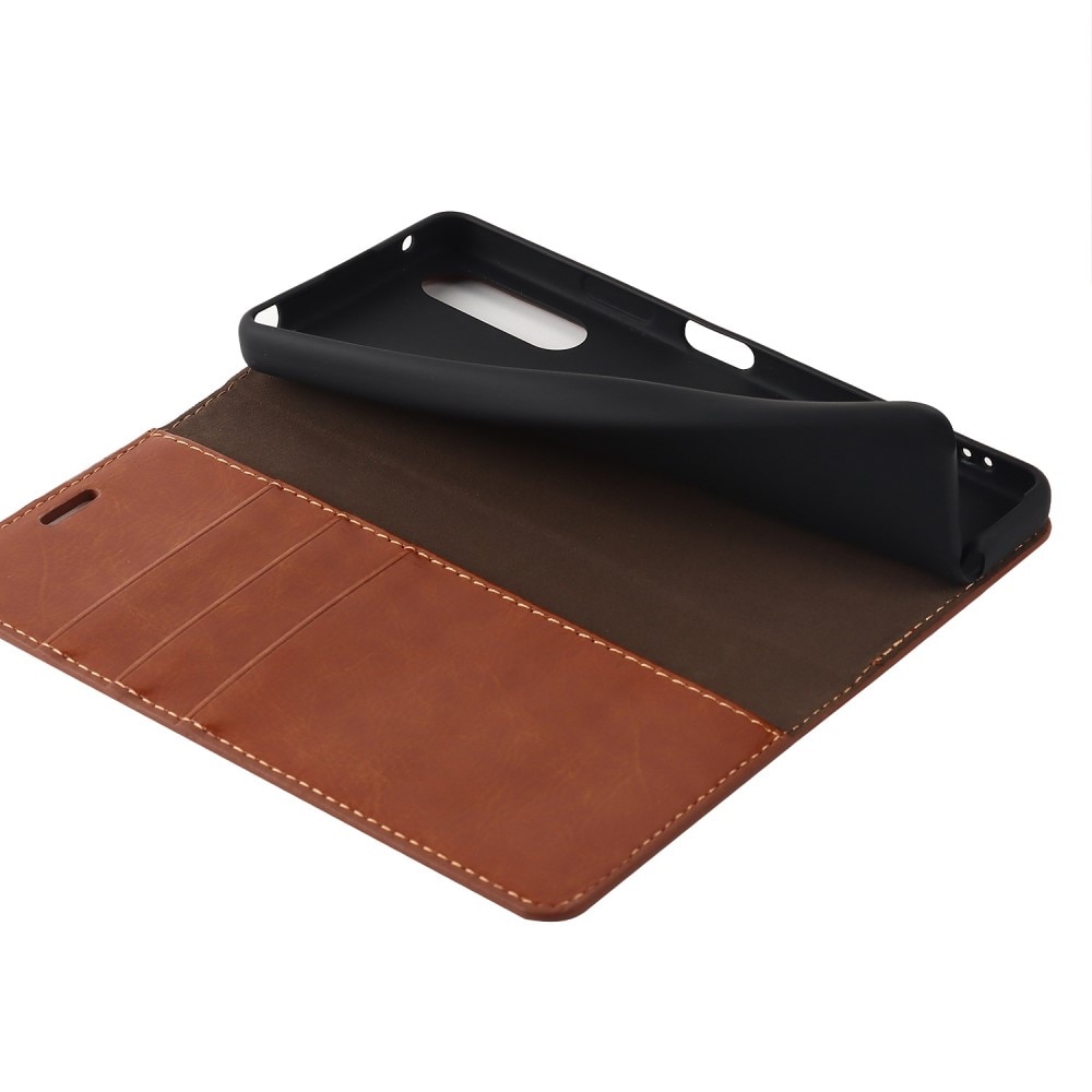 Funda cartera de cuero genuino Sony Xperia 10 IV marrón