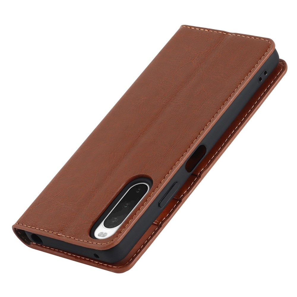 Funda cartera de cuero genuino Sony Xperia 10 IV marrón