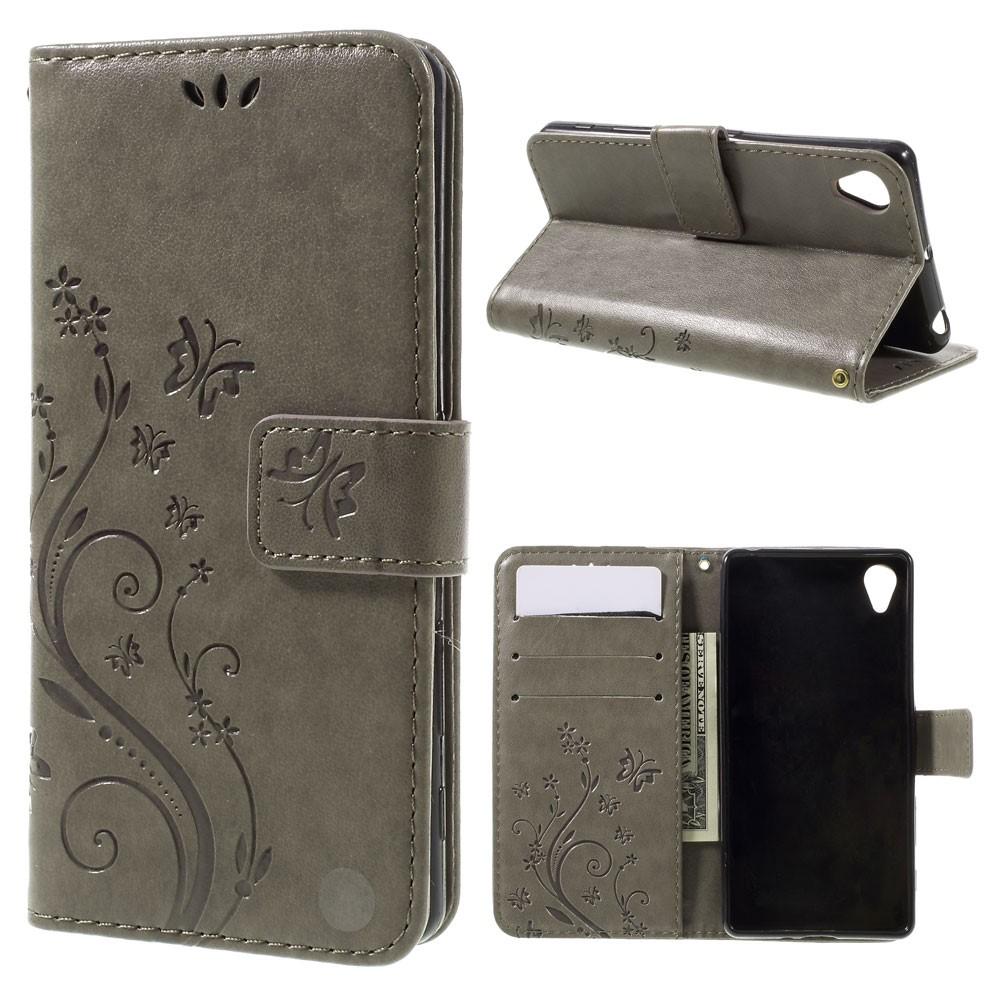 Funda de cuero con mariposas para Sony Xperia X, gris