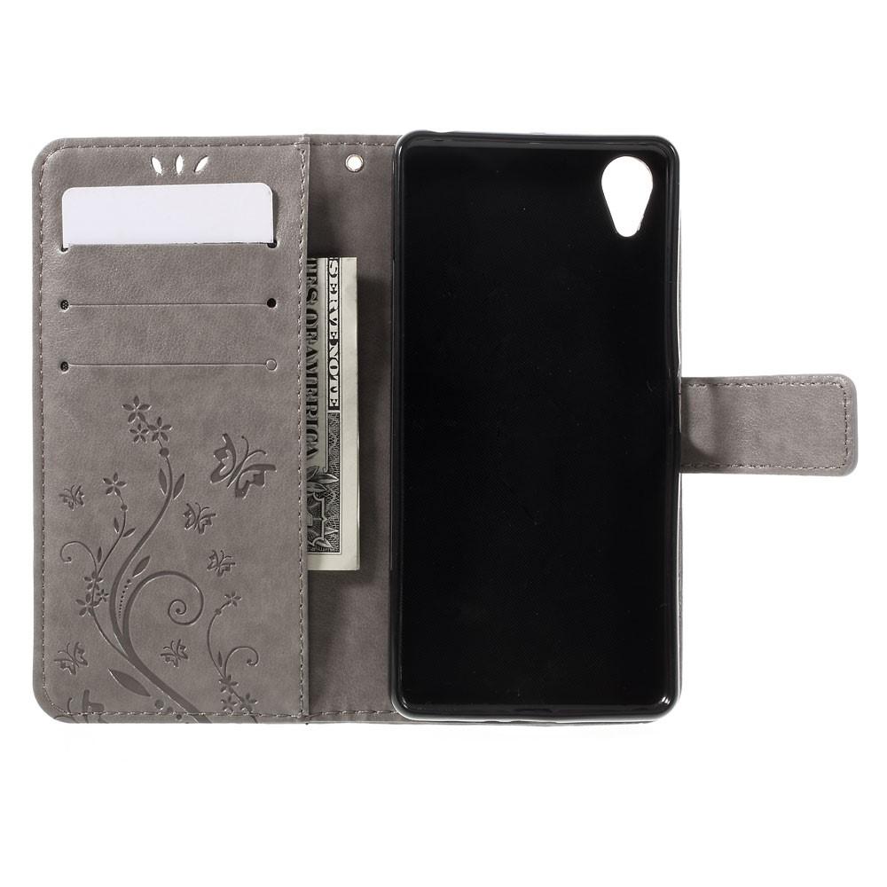 Funda de cuero con mariposas para Sony Xperia X Performance, gris