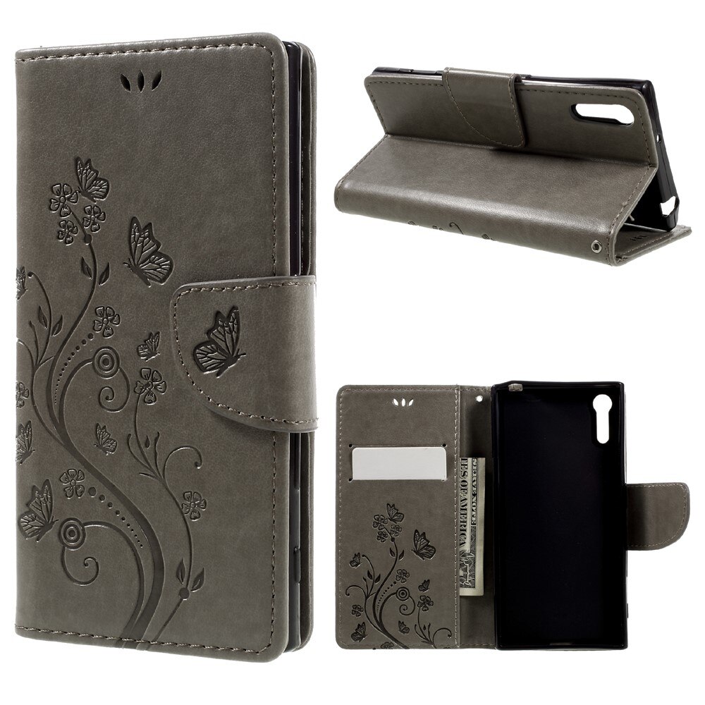 Funda de cuero con mariposas para Sony Xperia XZ/XZs, gris