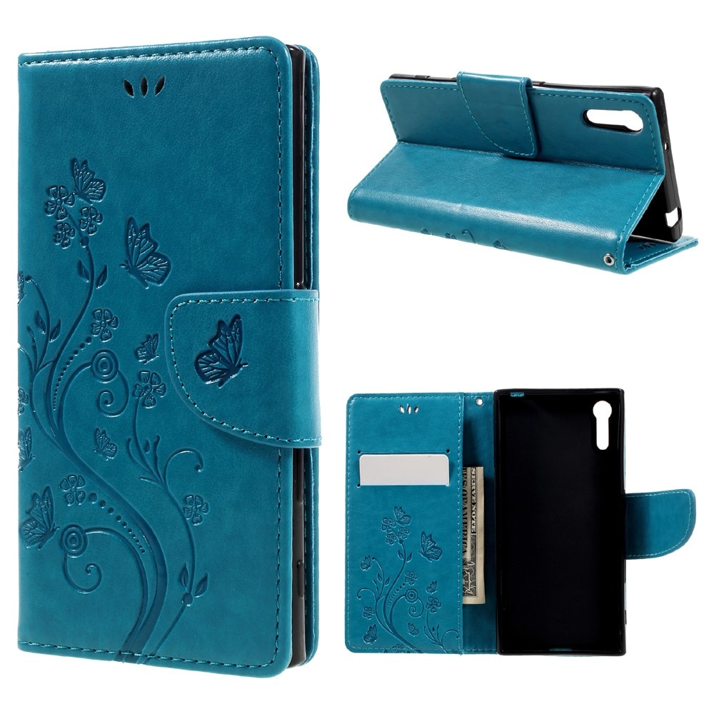 Funda de cuero con mariposas para Sony Xperia XZ/XZs, azul