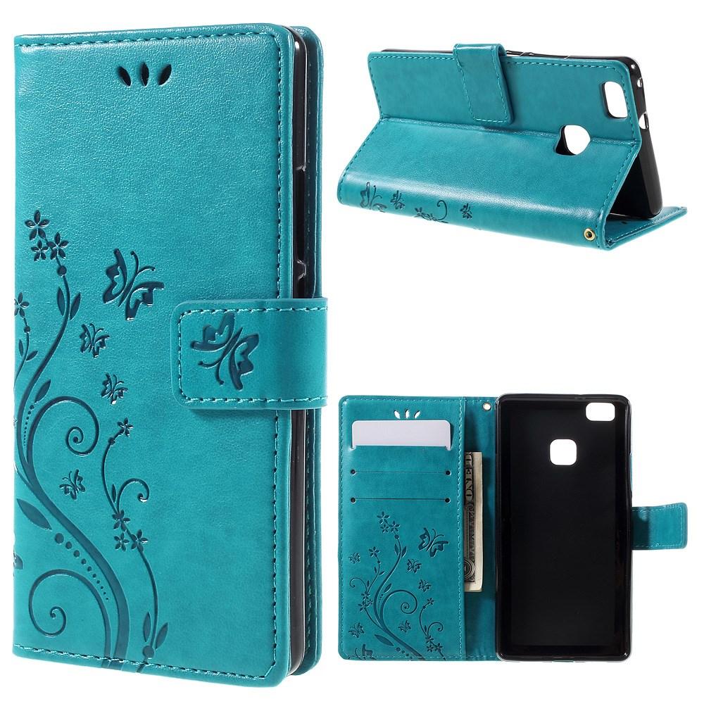 Funda de cuero con mariposas para Huawei P9 Lite, azul