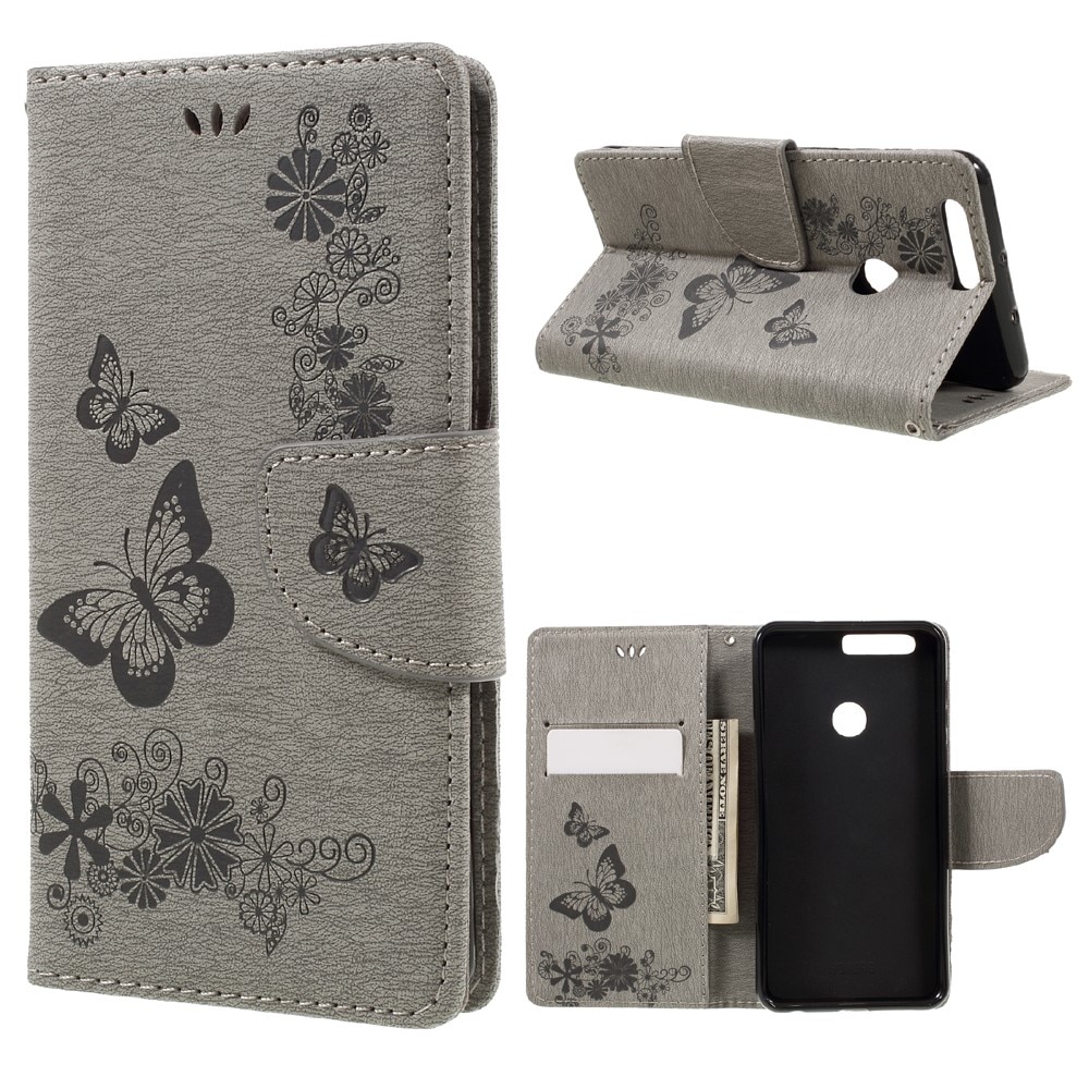 Funda de cuero con mariposas para Huawei Honor 8, gris