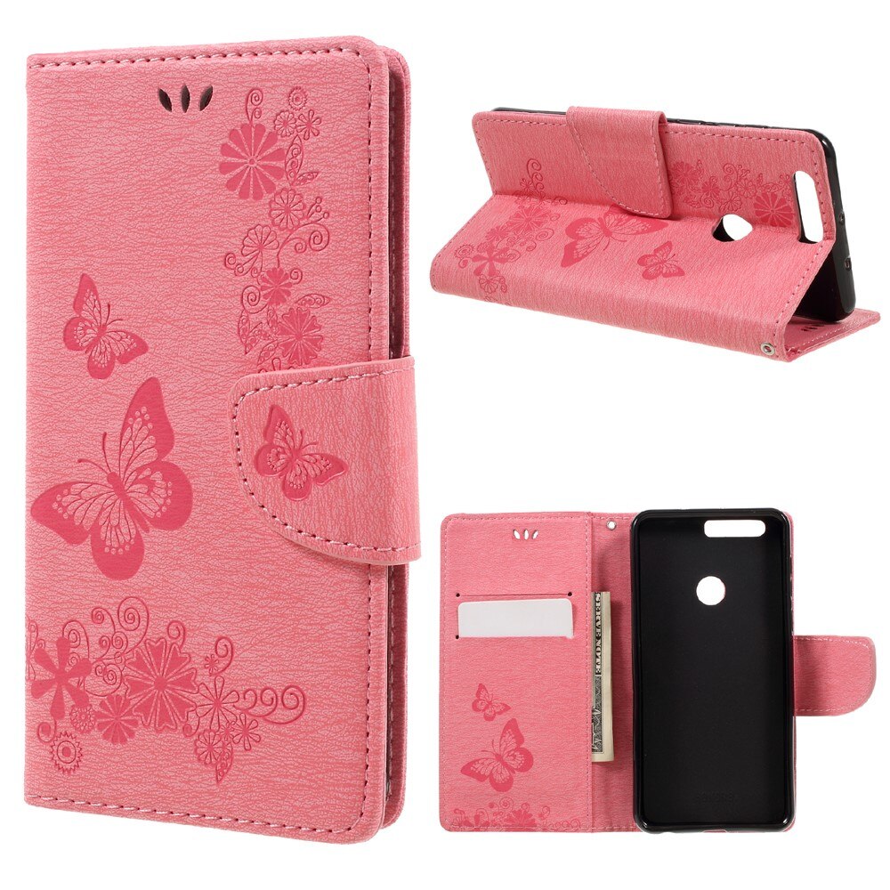 Funda de cuero con mariposas para Huawei Honor 8, rosado